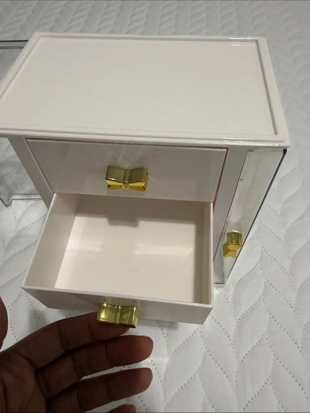 White and Gold Jewelry Organizer with Bow Drawer Pulls